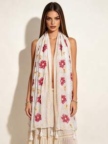 1pc Floral Embroidered & Tie-Dye Scarf, Oversized Shawl, Fashionable & Versatile Solid Color Scarf, Bohemian Style - White - View 5