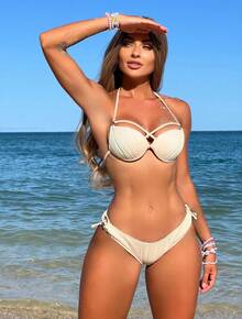 2026 Sexy New Hard Cup Textured Fabric Drawstring Strap Swimsuit Bikini - White - View 7