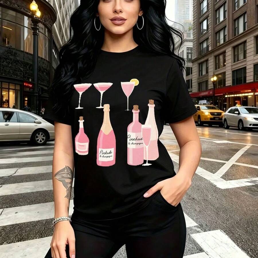 Camiseta de mujer con estampado de tres copas de cóctel rosa y cuatro botellas de champán con texto "Bubbly & Bubbly" - camiseta casual de manga corta con ajuste cómodo y estilo urbano vibrante - ideal para paseos por la ciudad, salidas con amigas y - Negro - Ver 1