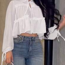 WNS Camisa elegante y casual para mujer, diseño asimétrico, manga farol con lazo en el cuello, tela tejida de unicolor con bajo plisado, elegante para uso diario, citas, vacaciones, primavera/verano en color blanco - Marrón - Ver 9