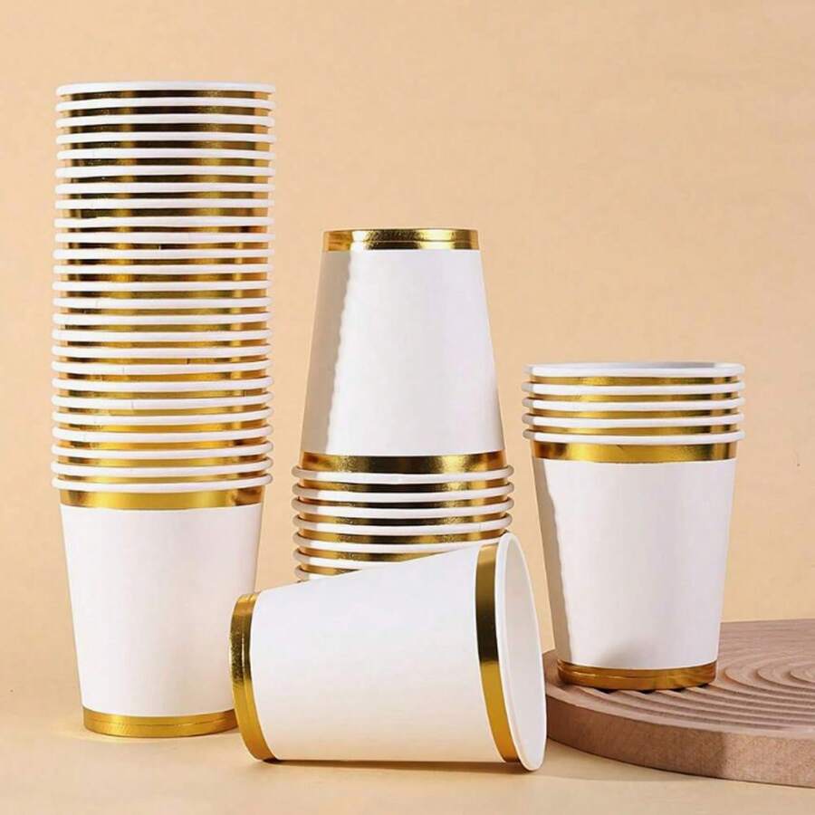 100個一次性紙杯,9盎司,約270毫升,雙金邊白色紙杯,雙金邊白色派對杯,咖啡杯,咖啡茶杯,冷熱飲杯,適用於生日派對、家庭聚會、野餐、派對裝飾、派對必需品 - 白色 - 查看 1