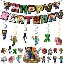 Hasbro Bộ 37 món trang trí bánh kem chủ đề thế giới khối Pixel, bộ banner và cờ trang trí tiệc, cờ treo và trang trí xoắn ốc làm phông nền tiệc sinh nhật ngày lễ - Nhiều màu - Xem 15