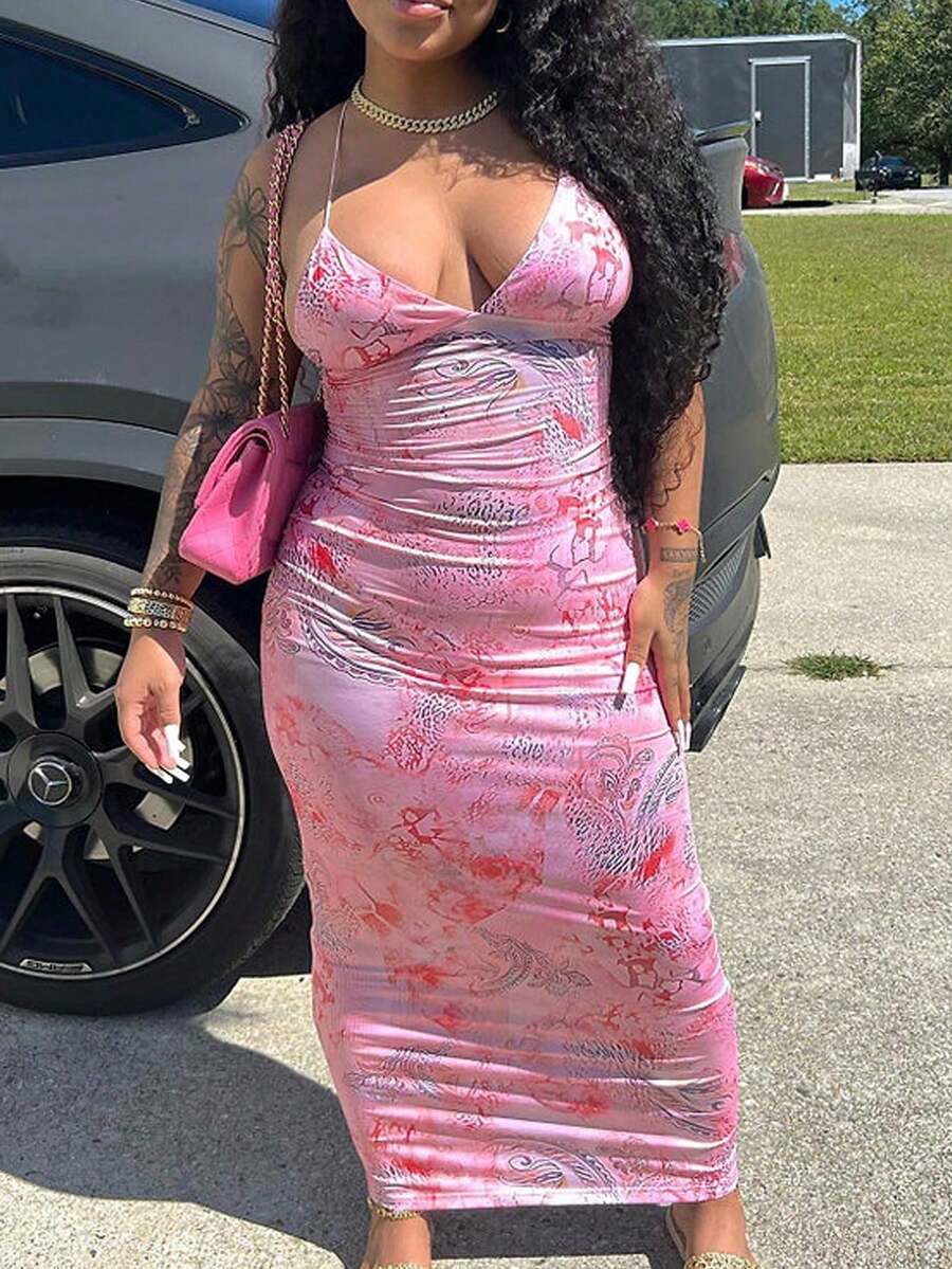 Vestido Maxi Halter Sin Espalda con Estampado Tie-Dye Elegante y Sexy para Vacaciones/Cita de para Mujer - Rosa - Ver 1
