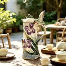 3D 浮雕蜂鳥與鳶尾花陶瓷茶具組，手繪精緻下午茶套裝，含茶壺、茶杯、茶碟及蝴蝶湯匙 - 彩色 - 查看 3