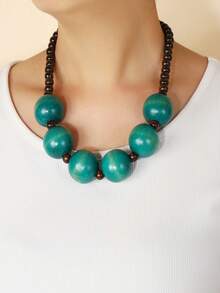 2026 European And American Fashion Short Wooden Bead Necklace Personalized Multicolor Necklace Bohemian Style - Hot Pink - View 5