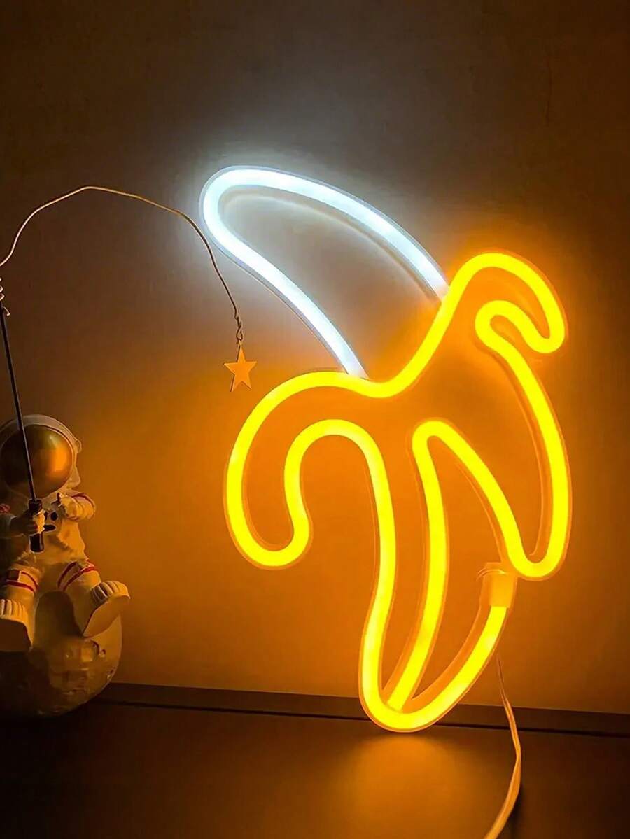 香蕉造型 LED 霓虹燈牌，黃色與白色雙色發光，USB/電池雙電源供電牆飾燈，臥室客廳派對氛圍夜燈，居家裝飾擺件