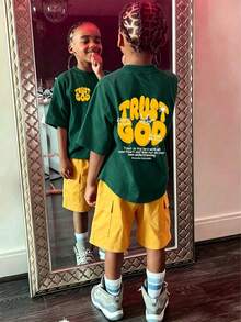 2-Piece Boys Christian Outfit "TRUST GOD" Bible Verse Print Short-Sleeve T-Shirt + Yellow Workwear Shorts Set, Summer Casual Wear Tween Boy Outfit - Dark Green - View 1