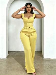 Women's Elegant Commuter Solid Color Camisole And Pants 2 Pieces Set Summer - Yellow - View 3