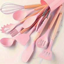 12-Piece Silicone Kitchen Utensil Set With Stand, Cooking Utensil Set, Heat-Resistant Kitchen Gadget Set With Wooden Handle, A Kitchen Essential. - Pink - View 5