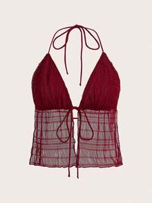 ICON Backless Mesh Halter Top With Split Tie Hem, Style Y2K - 波爾多 - 查看 1
