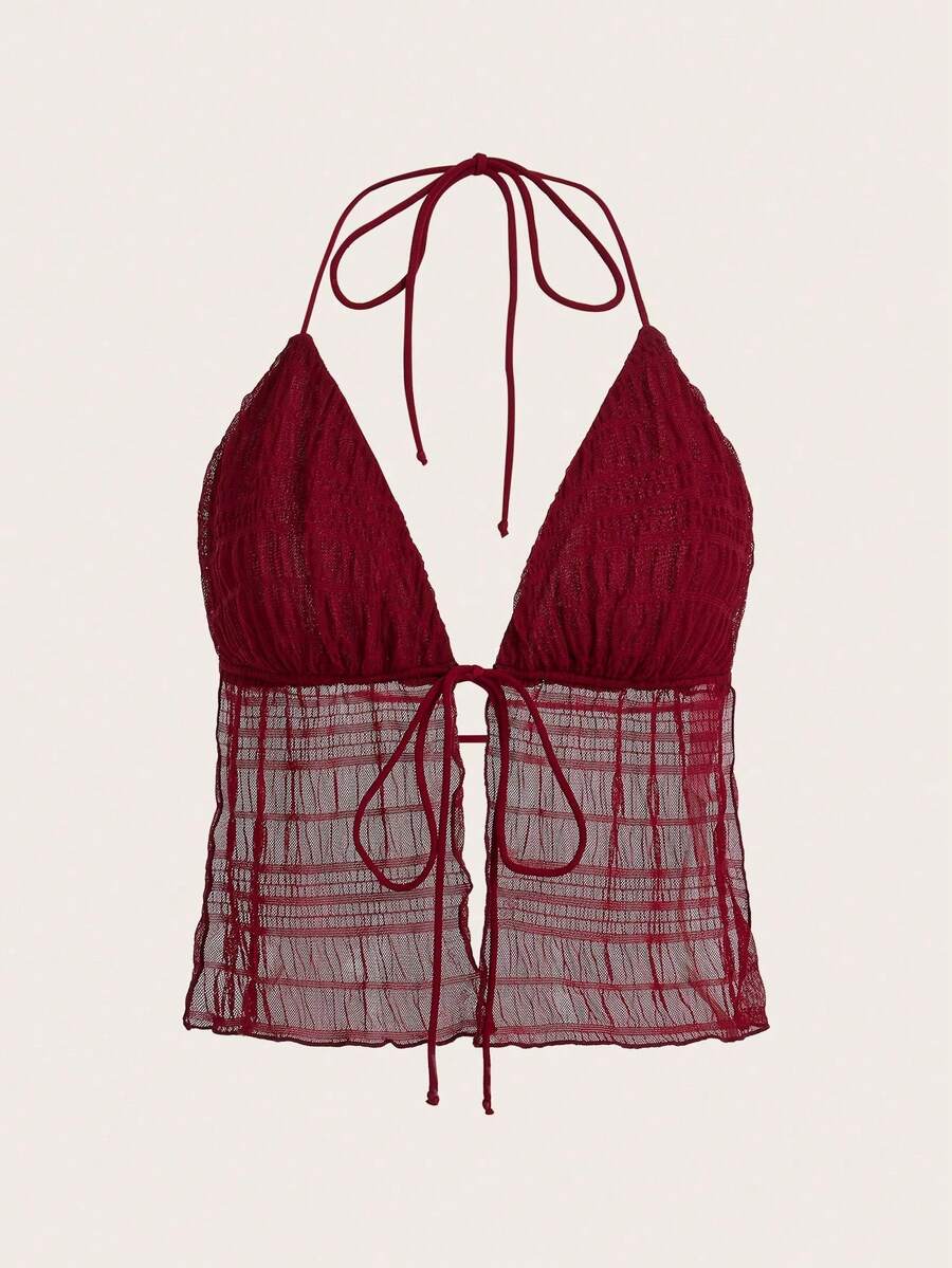 ICON Backless Mesh Halter Top With Split Tie Hem, Style Y2K - 波爾多 - 查看 1