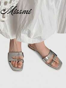Sandalias tipo mula de estilo retro francés para mujer, con punta abierta y tacón grueso, zapatillas casuales de verano - Plateado - Ver 3