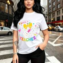 Camiseta de mujer con estampado colorido de lápiz con piel de leopardo y arco amarillo, palabras inspiradoras "TEACH INSPIRE LISTEN LOVE CARE CREATE" y letras en arcoíris "TEACHER" - camiseta casual de manga corta, ajuste cómodo y suave, estilo urban - Blanco - Ver 7