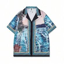 Conjunto casual holgado para hombre con estampado digital abstracto (Olas del océano) - Azul - Ver 6