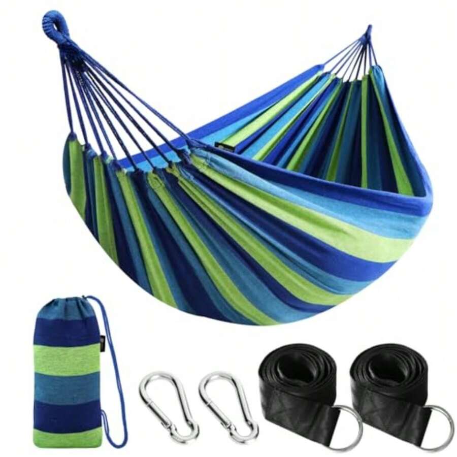 Cotton Hammock Portable Camping Hammocks For Hanging Sturdy Garden Comfortable Fabric Hammock With Tree Straps Up To 660lbs With Travel Bag For Camping Outdoor/Indoor Patio Backyard - Green - View 1