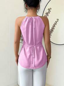 Women's Spaghetti Strap Woven Camisole, Tie-Front Design, Regular Length With Slit Hem, Suitable For Spring, Non-Stretch Solid Color Top - Pink - View 6