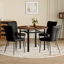 Modern And Minimalist Round Dining Table Set (With 2 Black PU Chairs), 100cm Diameter Round Table With Wood Look, Suitable For The Dining Room And Kitchen. - Black and Brown 1 - View 2