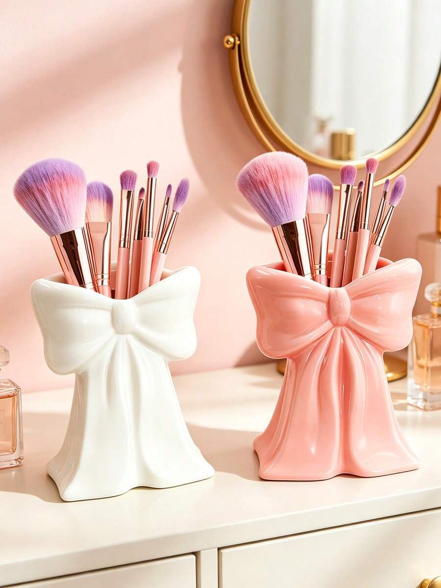 1pc Cute Bow-Shaped Pen Holder - Makeup Brush And Office Supplies Desktop Organizer, Elegant Makeup Brush Storage, Creative Decorative Design Suitable For Girls, Students And Young Women, Party Decoration, Best Friend Gift,Bedroom Room Decor,Back To School - New Model - View 1