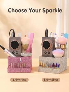1pc Nail Tool Storage Box, High Capacity, Transparent Material With Glitter Decoration, Luxurious Sparkling Style, Fully Rhinestone Patterned, Square Multilayer 3D Design, With Multiple Tool Slots And Compartments, Suitable For Nail Salon Workbench And Home Manicure Desk - Multicolor - View 3