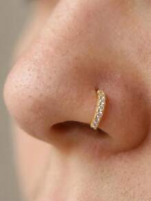 1pc Exquisite 925 Sterling Silver L-Shaped C-Curve CZ Nose Stud Piercing Jewelry 24G - Gold - View 2