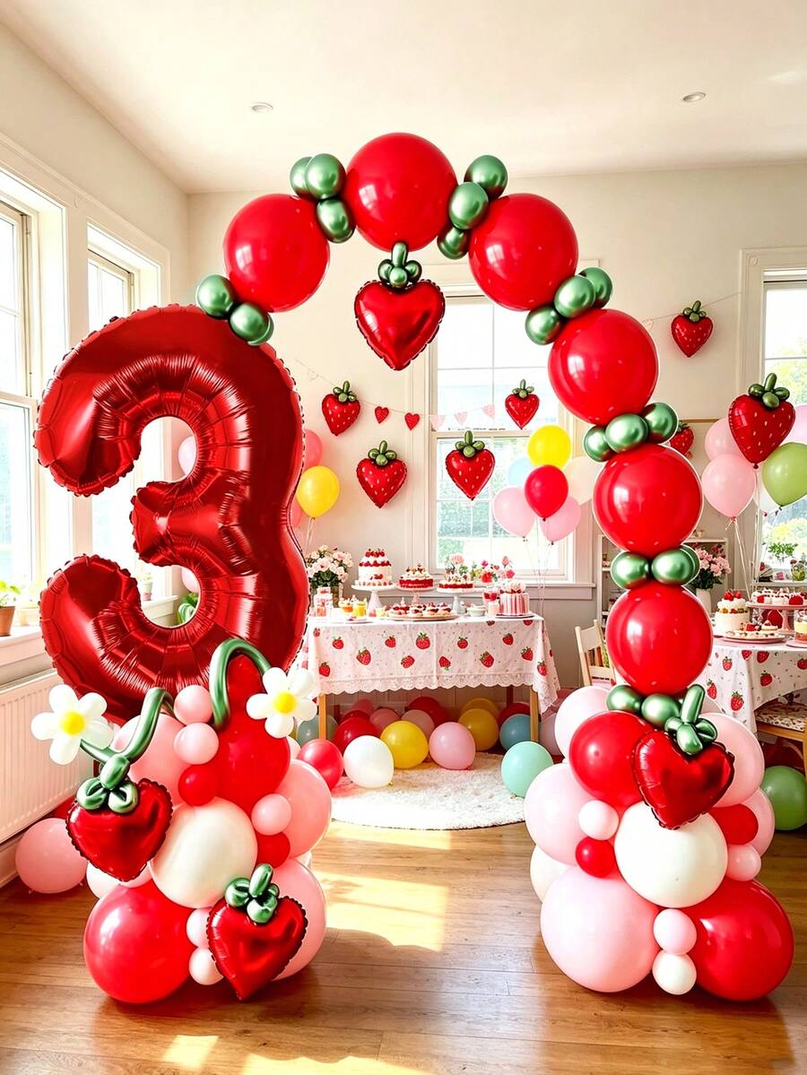 92pcs Strawberry Number Arch Balloon Set, Includes Number And Heart Foil Balloons, Red Pink Green Latex Balloons, Suitable For Strawberry Theme Birthday Party, Wedding, Baby Shower, Anniversary, Fruit Theme Party