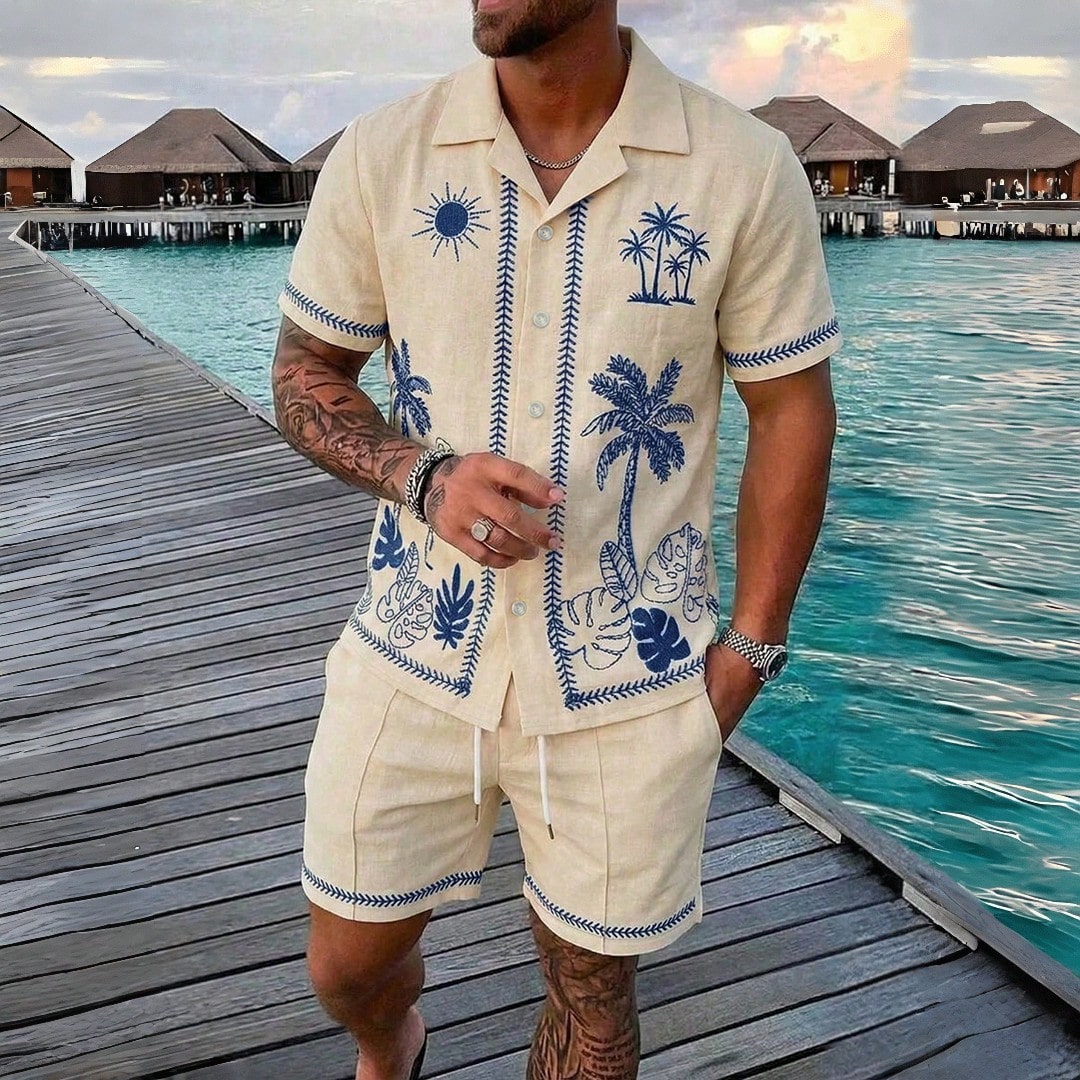 Conjunto de 2 piezas con estampado tropical para hombre, camisa de cuello cubano y pantalones cortos con estampado de palmeras, conjunto de lino suelt