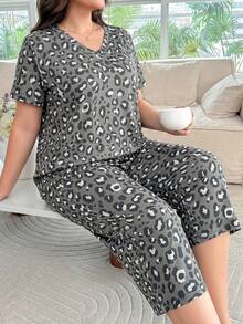 2件組女款豹紋長袖睡衣套裝，休閒家居服 - 黑色 - 查看 3