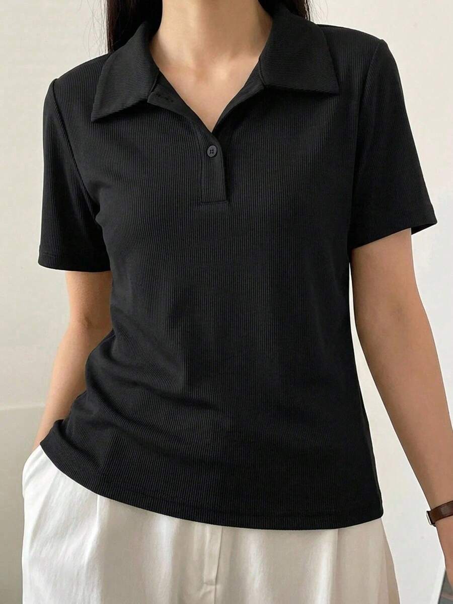 Camiseta de manga corta con cuello en V de unicolor versátil, primavera/verano - Negro - Ver 1