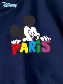 Disney 男童T恤套裝，夏季套裝迪士尼日系清新風，寬鬆圓領海軍藍PARIS米老鼠短袖 + 藍白直條紋短褲，休閒日常旅行度假聚會派對穿搭，適合8歲以下男童 - 寶藍色 - 查看 5