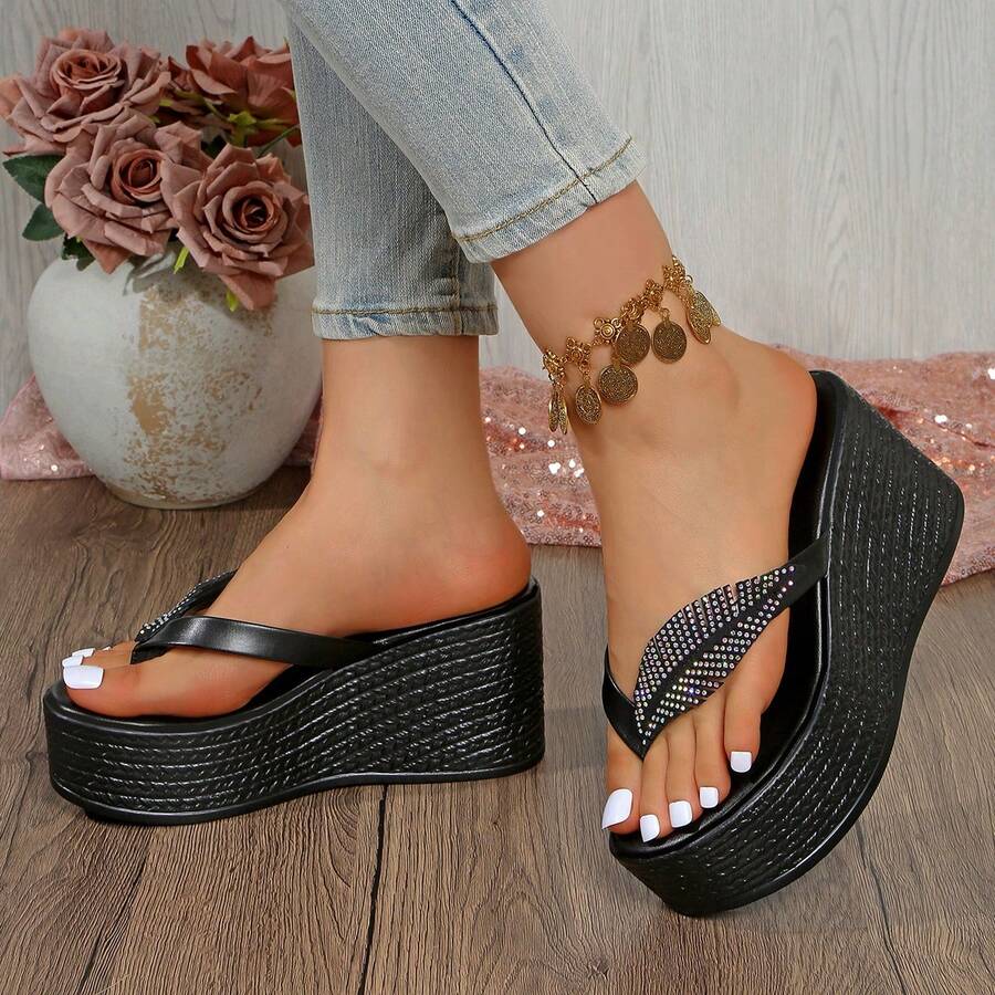 Women's Toe-Post Thick Sole Wedge Sandals, Rhinestone Embellished, Lightweight And Comfortable, Summer Beach Vacation
