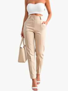 Women's Tailored Trousers, Social Casual, High-Waisted, Elegant And Comfortable, With Pockets And Covered Button. - 沙 - 查看 4