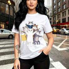 Camiseta de mujer con estampado de seis gatos cartoon coloridos en poses divertidas y outfits variados - camiseta casual de manga corta, ajuste cómodo y moderno, estilo urbano y alegre - ideal para paseos por la ciudad, salidas casuales, compras o re - Blanco - Ver 11