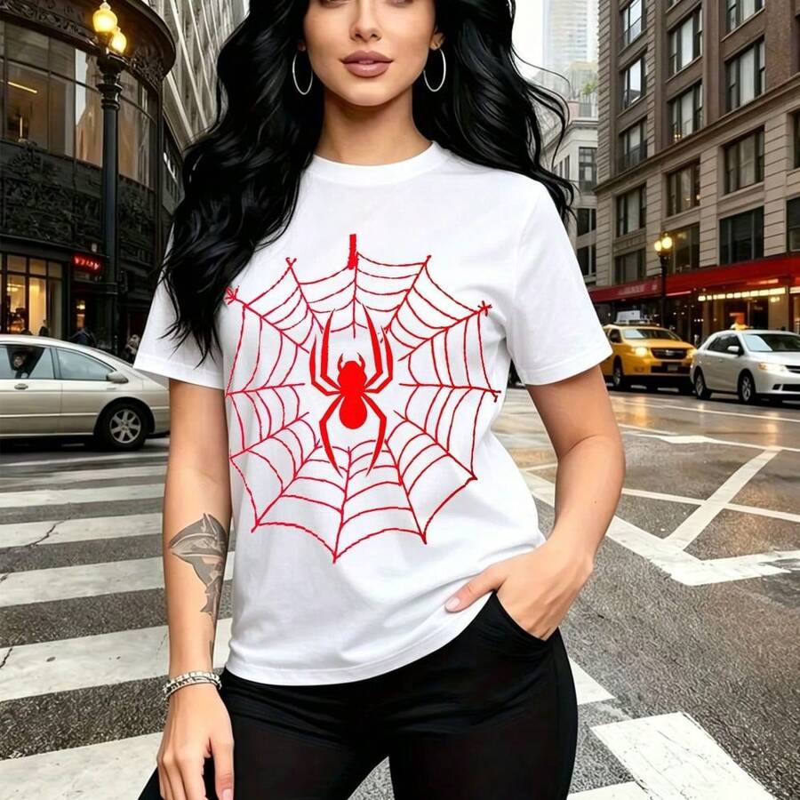 Camiseta de mujer con estampado de araña roja y telaraña en diseño gótico urbano - camiseta casual de manga corta con ajuste cómodo y estilo rebelde, ideal para paseos por la ciudad, salidas nocturnas y celebraciones del Día de Muertos - regalo perfe - Blanco - Ver 1