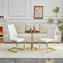 Table And Chair Set. Round 60cm Table In Walnut-Effect MDF, Gold Support Base, Matching 2 Black Dining Chairs With Diamond Pattern And Gold Metal Frame. - Platinum - View 12