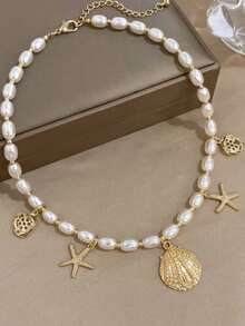 1pc Summer Ocean Golden Shell & Starfish Pendant Pearl Beaded Necklace For Women - Multicolor - View 5