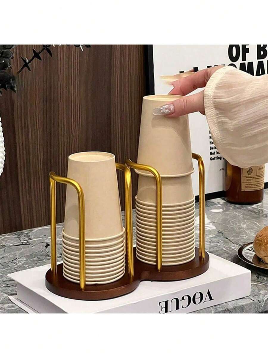 1件頂級胡桃木杯子分配器,2層紙杯收納整理架,黑色/灰色/金色,歐美復古風,多功能置物架,適用於辦公室、廚房、健身房、學校、咖啡吧 - 棕色 - 查看 1
