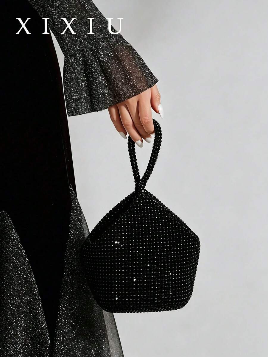 Lightweight Business Casual Rhinestone Decor Mini Drawstring Bucket Bag, Transparent Faux Pearl Evening Clutch - Black - View 1