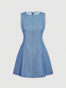 MOD Vestido de mezclilla casual de verano para mujer con cuello redondo y cremallera en la espalda - Azul lavado medio - Ver 1