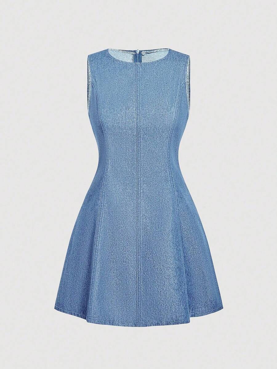 MOD Vestido de mezclilla casual de verano para mujer con cuello redondo y cremallera en la espalda - Azul lavado medio - Ver 1