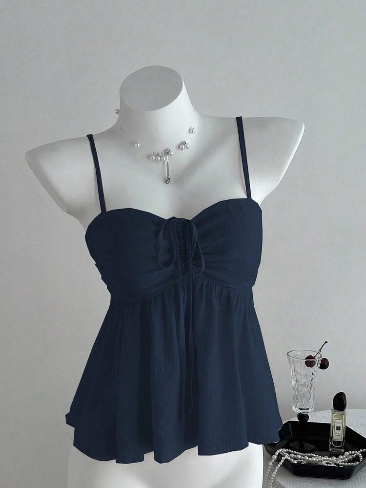 Cute Solid Color Ruffled Tank Top For Ladies, Summer Clothes For College - Azul - Xem 1