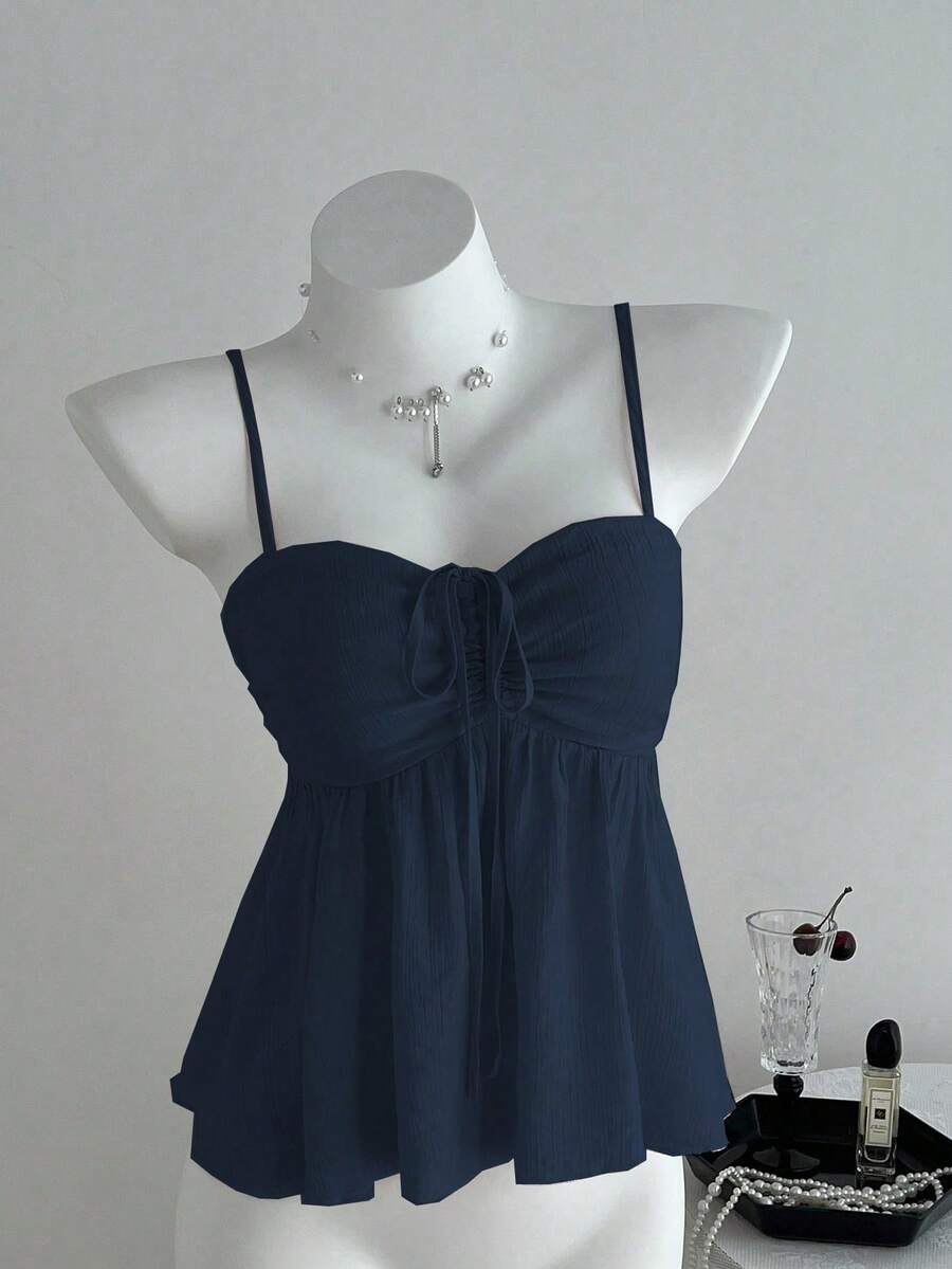 Camiseta de tirantes con volantes de unicolor lindo para damas, ropa de verano para la universidad - Azul - Ver 1