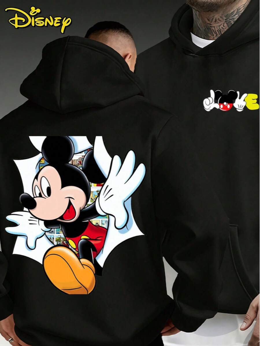 Disney Mickey Mouse Slogan Hoodie, Double-Sided Graphic Sweatshirt, Streetwear Style Oversized Pullover, Casual Top For Men & Women - màu đen - Xem 1