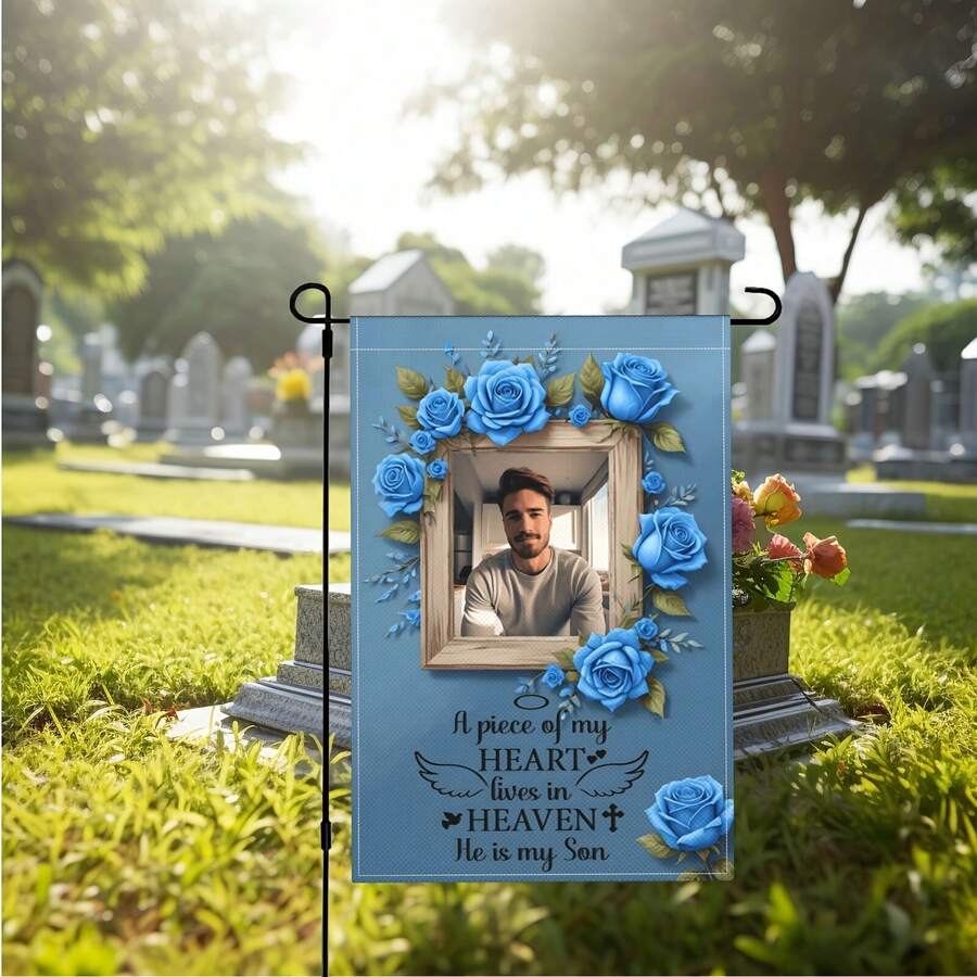 Soft Light Blue Base 3D Blue Rose Wreath Wooden Photo Frame Son Memorial Custom Garden Flags Personalized DIY Cemetery Lawn Yard Religious Christian Family Loss Funeral Remembrance Tender Condolence Outdoor Wall Tribute Banner Decoration