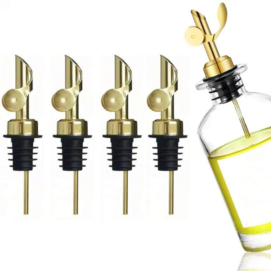 4 Pack Gold Auto-Open & Close Oil Pour Spout | 304 Stainless Steel | No Mess Drizzle Control For Olive Oil, Vinegar, Wine & Spirits | Kitchen & Bar Essential Gift For Home Cooks & Mixologists