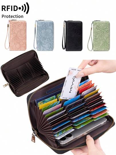 MIYIN Women's Fashion Retro Floral Embossed Elegant Wristlet Wallet,RFID Blocking Large Capacity Card Holder Wallet For Cards, Cash & Phone,Multifunctional Zipper Multi-Pocket Long Wallet Purse For Daily And Travel, Business Casual For Rookies & White-Collar Workers
