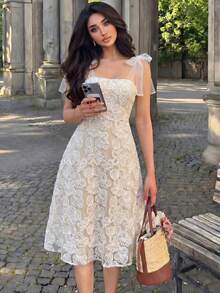 Vestido de playa de largo medio con estampado jacquard, tirantes con lazo y estilo de vacaciones para mujer, color blanco - Albaricoque - Ver 1