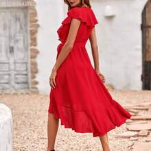 Fengyu Women's Clothing Store Vestido envolvente con cinturón y volantes de tela sólida para Año Nuevo, ropa de vacaciones y atuendos de playa para mujeres - Rosa - Ver 3