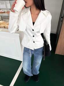 Women's Solid Color Woven Fabric Button White Short Trench Coat Jacket Office Autumn Winter - White - View 4