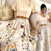 MewMuse.  Vestido de manga corta de longitud media de color albaricoque sólido con estampado floral de retazos, elegante y encantador para uso diario, festivales de música, playa, oficina, citas, estilo francés y retro, versátil para primavera y verano - Multicolor - Ver 1