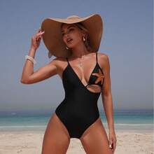2026 New Fashionable Sexy One-Piece Swimsuit For Women, Solid Color With Pentagram Design - 9360 Black Swimsuit - View 2